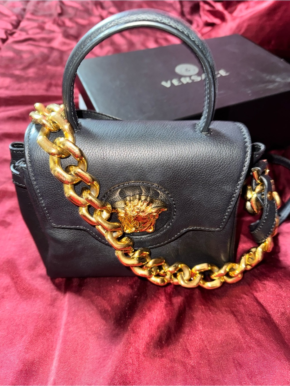 Versace Black Leather Mini Top-Handle Bag with Gold Chain